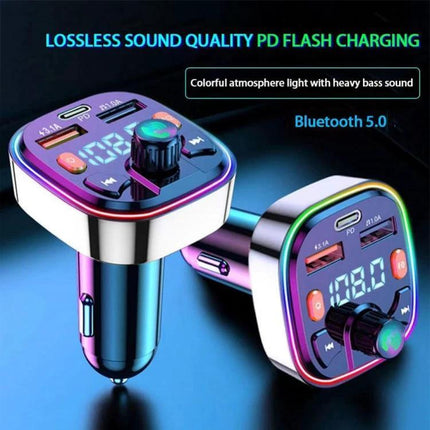 Bluetooth Car Charger And FM Transmitter With Colorful Lighting - compact Bluetooth 5.0 FM transmitter and USB PD car charger with colorful LED display and knobs