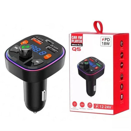 Bluetooth Car Charger And FM Transmitter With Colorful Lighting – compact in-car adapter with USB ports, FM display and colorful LED ring
