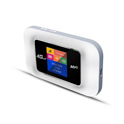 Compact Portable 4G WiFi Router for International Use - white pocket MiFi device showing 4G LTE screen and SIM status