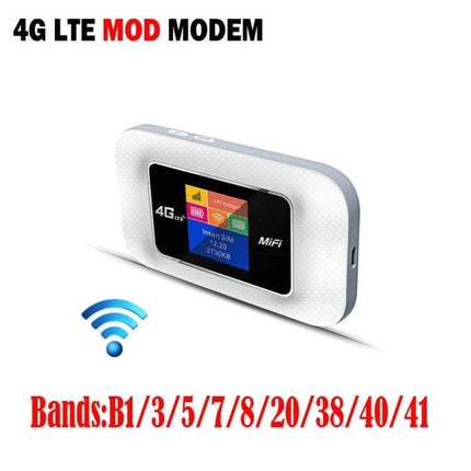 Compact Portable 4G WiFi Router for International Use - white portable 4G MiFi device showing screen and supported bands