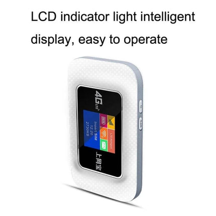 Compact Portable 4G WiFi Router for International Use showing LCD indicator screen and slim white handheld design