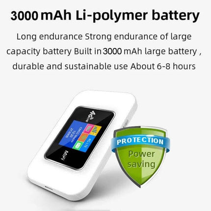 Compact Portable 4G WiFi Router for International Use showing 3000mAh Li-polymer battery, 6-8 hour runtime and power-saving protection badge
