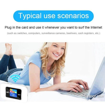 Compact Portable 4G WiFi Router for International Use - traveler using portable router with laptop for indoor use