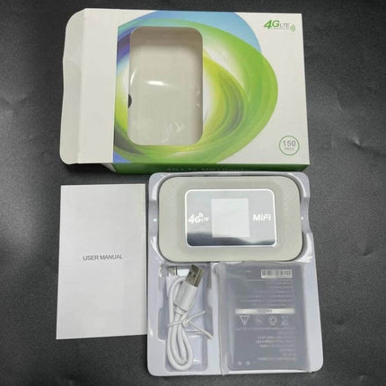 Compact Portable 4G WiFi Router for International Use shown with packaging, USB cable, battery and user manual