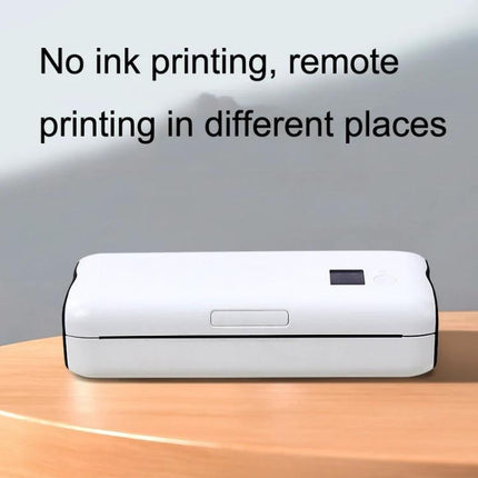 Bluetooth Portable Thermal Printer for Mobile Printing showing compact white no-ink printer on desk for remote mobile document printing