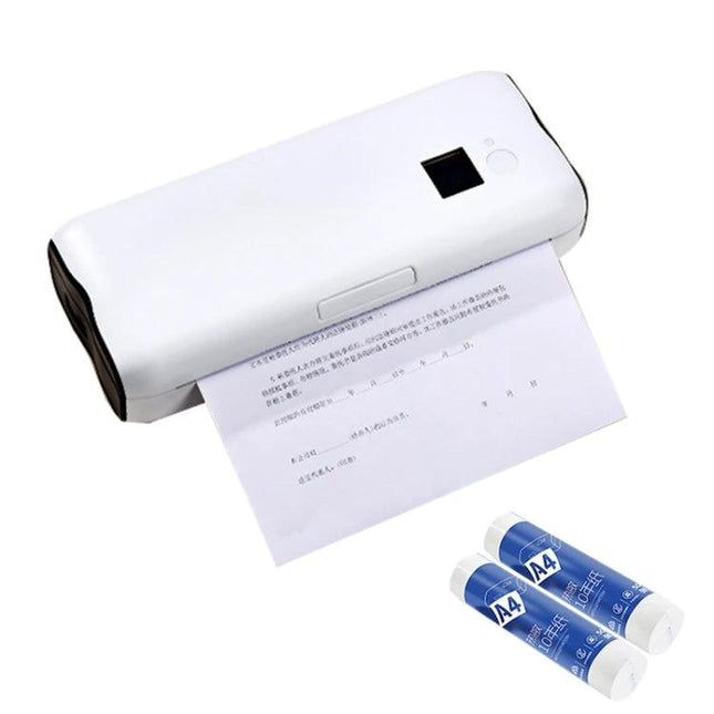Bluetooth Portable Thermal Printer for Mobile Printing showing white portable printer printing a document from a smartphone for on-the-go use