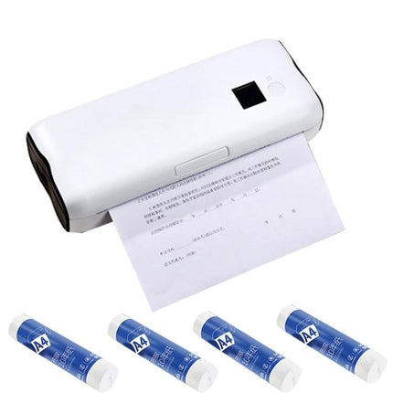 Bluetooth Portable Thermal Printer for Mobile Printing showing white handheld printer printing document from phone with A4 paper rolls