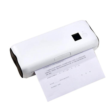 Bluetooth Portable Thermal Printer for Mobile Printing showing compact white mobile thermal printer printing a document
