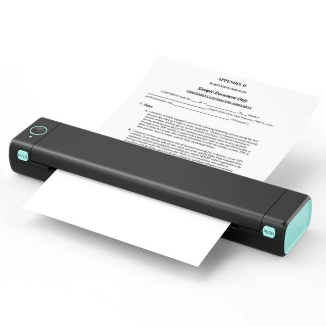 Bluetooth Handheld Thermal Printer for Portable Document Use - compact black portable printer printing A4 document via Bluetooth