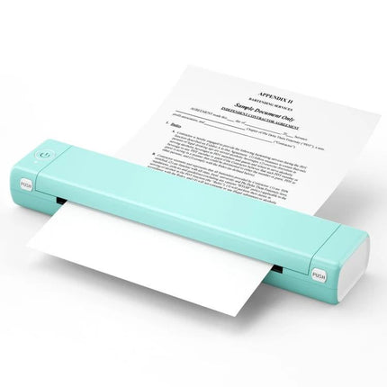 Bluetooth Handheld Thermal Printer for Portable Document Use showing compact mint-colored device printing A4 document via Bluetooth