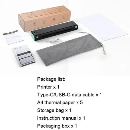 Bluetooth Handheld Thermal Printer for Portable Document Use shown with A4 paper, Type-C cable, storage bag and packaging