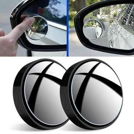 Compact Round Blind Spot Mirror with Suction Cup for Car Safety attached to side mirror showing expanded high-definition view