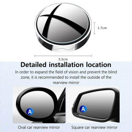 Compact Round Blind Spot Mirror with Suction Cup for Car Safety attached to car mirror showing installation and dimensions