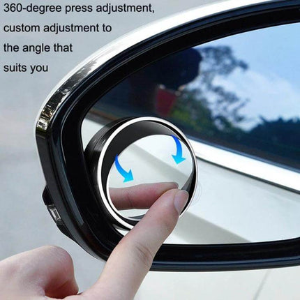 Compact Round Blind Spot Mirror with Suction Cup for Car Safety attached to side mirror showing 360-degree adjustment and fingertip positioning