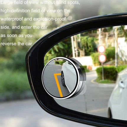 Compact Round Blind Spot Mirror with Suction Cup for Car Safety attached to side mirror showing expanded high-definition view