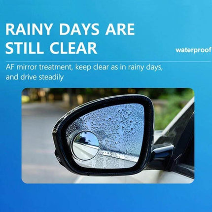 Compact Round Blind Spot Mirror with Suction Cup for Car Safety shown on wet side mirror demonstrating wide, clear view in rainy conditions