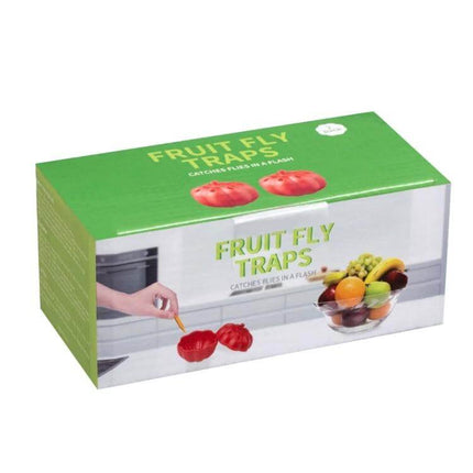 Red Pumpkin Fruit Fly Traps 2 Pack for Kitchen and Home - two red pumpkin-shaped recyclable PP indoor traps shown with fruit bowl