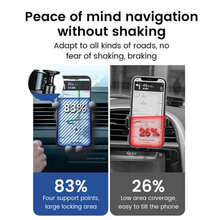 Black Vehicle Air Outlet Gravity Phone Holder For Cars showing secure phone mount on air vent with gravity-damped bracket for stable navigation