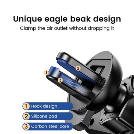 Black Vehicle Air Outlet Gravity Phone Holder For Cars - compact black gravity phone mount with eagle-beak clamp, silicone pads and carbon steel core