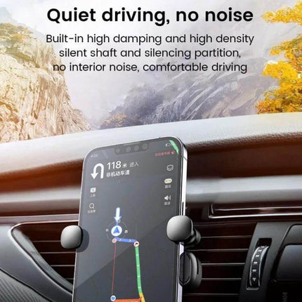 Black Vehicle Air Outlet Gravity Phone Holder For Cars mounted on car vent holding smartphone for navigation, compact black plastic gravity-damped bracket