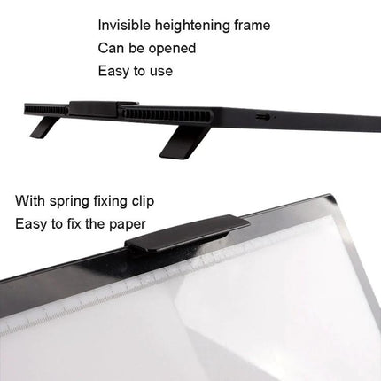 Portable Rechargeable A4 Drawing Board for Tracing Artworks showing slim wireless light pad with fold-out stand and spring fixing clip