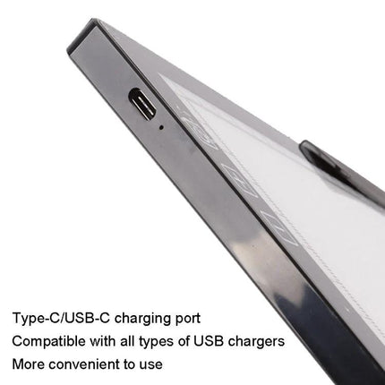Portable Rechargeable A4 Drawing Board for Tracing Artworks showing USB-C charging port and slim black ABS frame for tracing and portable use