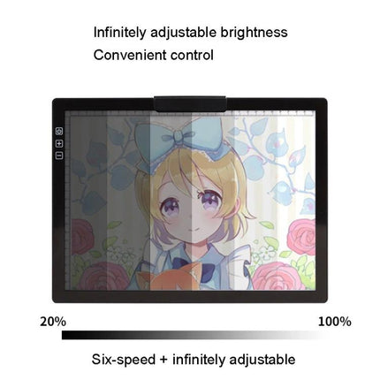 Portable Rechargeable A4 Drawing Board for Tracing Artworks showing adjustable brightness levels with anime tracing image and convenient wireless control