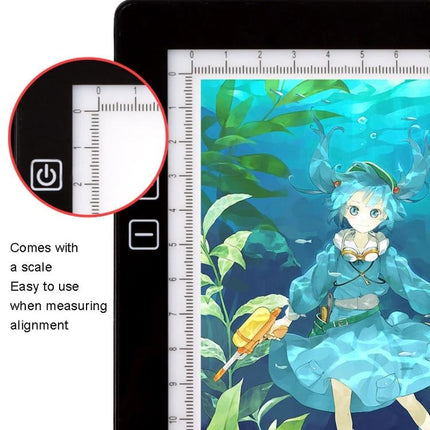 Portable Rechargeable A4 Drawing Board for Tracing Artworks showing ruler scale, power buttons, and illuminated anime artwork on LED tracing pad
