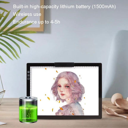Portable Rechargeable A4 Drawing Board for Tracing Artworks shown on desk with wireless battery icon and portrait tracing