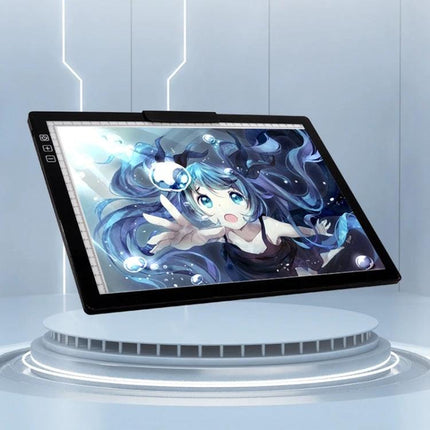 Portable Rechargeable A4 Drawing Board for Tracing Artworks showing illuminated A4 tracing board displaying anime artwork in studio setting