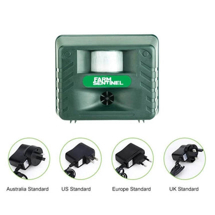 Garden Ultrasonic Rat and Snake Repeller for Outdoor Use showing green weather-resistant unit with sensor and multiple AC plug adapters