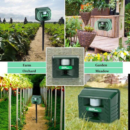 Garden Ultrasonic Rat and Snake Repeller for Outdoor Use weather‑resistant unit pictured in garden, orchard and farm settings