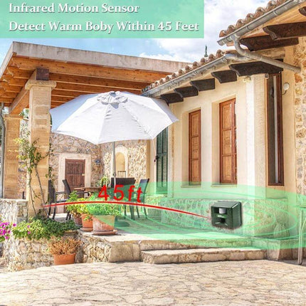 Garden Ultrasonic Rat and Snake Repeller for Outdoor Use showing infrared motion sensor coverage up to 45 ft protecting patio and garden