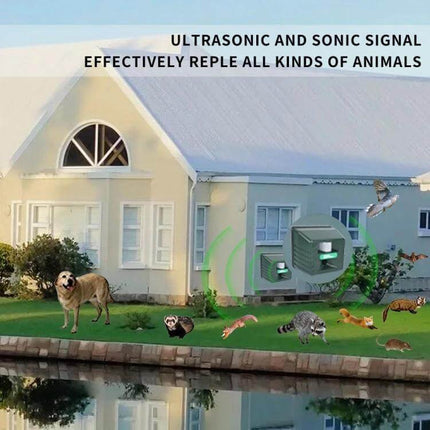 Garden Ultrasonic Rat and Snake Repeller for Outdoor Use shown installed on lawn near house deterring wildlife