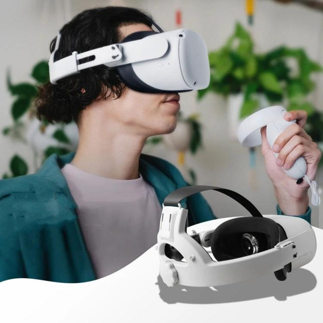 Hifylux Comfortable Adjustable Headband for Oculus Quest 2 VR Use showcased on user wearing headset and controller