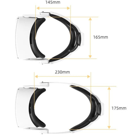 Hifylux Comfortable Adjustable Headband for Oculus Quest 2 VR Use showing dimensions top and side view for ergonomic fit