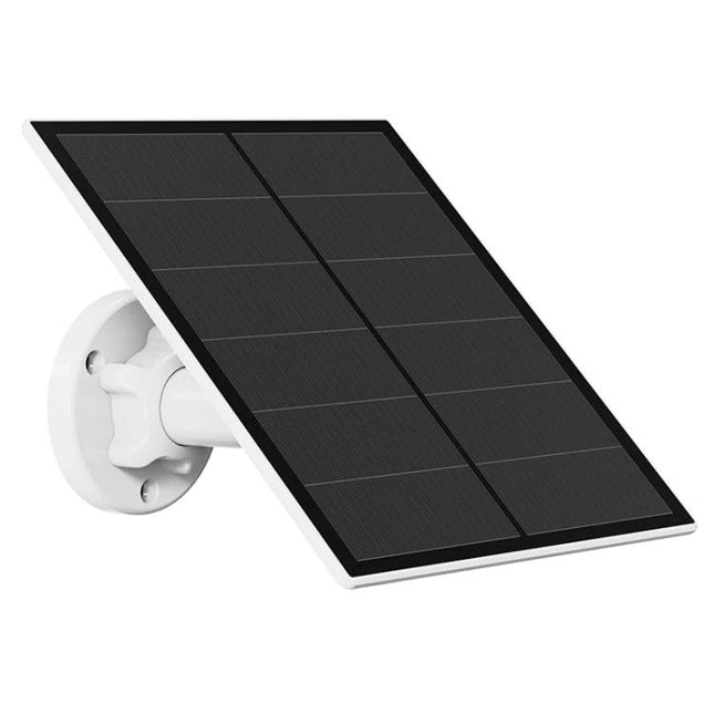 5W Monocrystalline Solar Panel for Outdoor Security Cameras with USB and Type-C Support mounted on adjustable white bracket, angled view