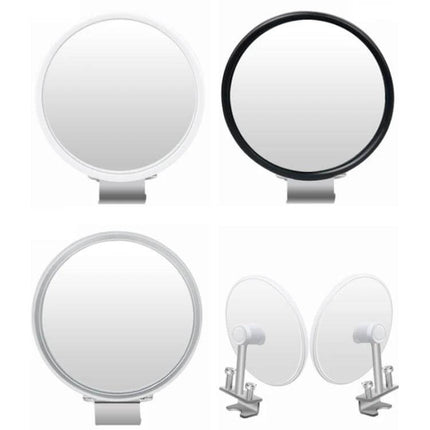 Car Rearview Mirror for Blind Spot Assistance in Black, White, Silver - round clip-on ABS mirrors shown in black white silver for enhanced blind spot visibility