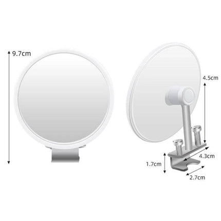 Car Rearview Mirror for Blind Spot Assistance in Black, White, Silver - round ABS clip-on mirror with dimensions shown, adjustable arm and clamp