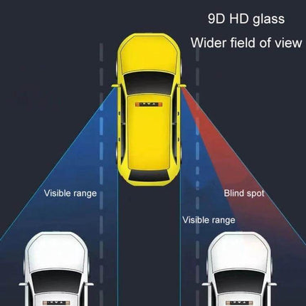 Car Rearview Mirror for Blind Spot Assistance in Black, White, Silver diagram showing wider field of view and blind spot coverage