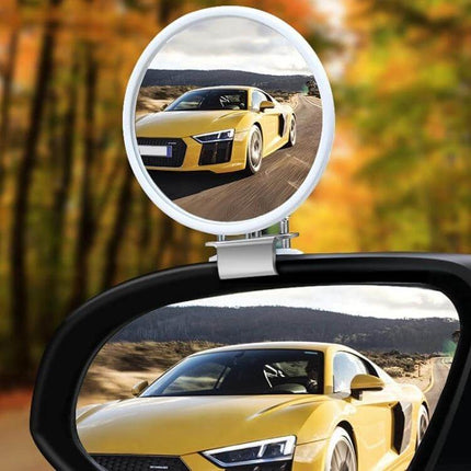 Car Rearview Mirror for Blind Spot Assistance in Black, White, Silver - clip-on ABS mirror showing yellow sports car in blind spot view