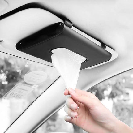Car Sun Visor Tissue Holder Black For Easy Driving Access - black PU tissue holder mounted on car sun visor with hand pulling tissue