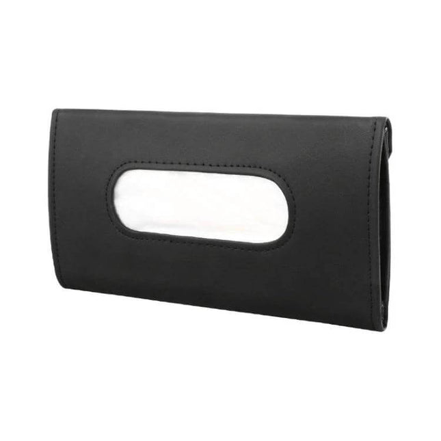Car Sun Visor Tissue Holder Black For Easy Driving Access - black PU tissue holder with oval dispenser window, compact car visor mount