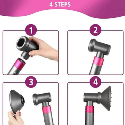 Airwarp Diffusion Nozzle Attachment For Dyson Hair Dryer With Adapter showing 4-step installation on Airwarp Styler