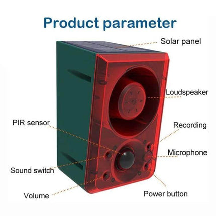 Solar Animal Repeller with Sound and Light for Outdoor Use - solar-powered unit with PIR sensor, loudspeaker, microphone, volume and power button