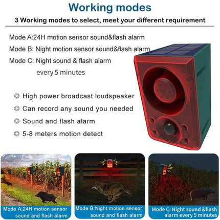 Solar Animal Repeller with Sound and Light for Outdoor Use - solar-powered motion sensor device with sound and flash modes for gardens