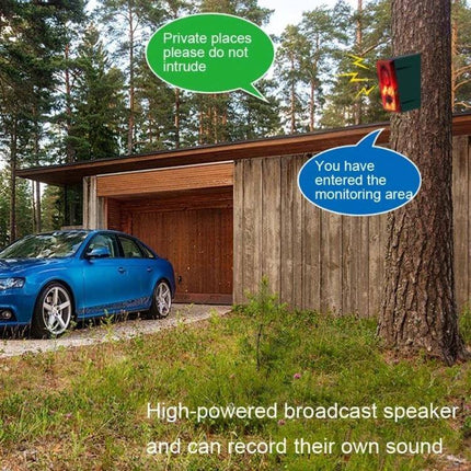 Solar Animal Repeller with Sound and Light for Outdoor Use mounted on tree by garage, warning speech bubbles deterring animals and people