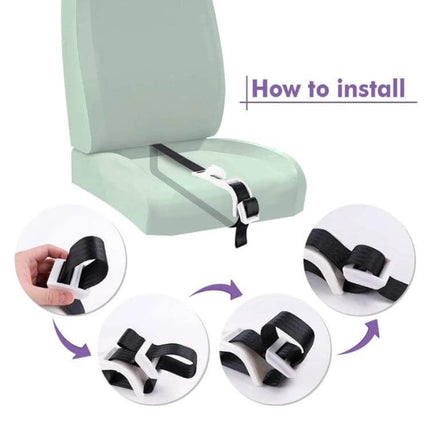Pregnant Car Seat Belt Protector For Belly Comfort showing installation on car seat with ABS frame and polyester strap