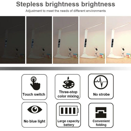 Foldable Desk Lamp for Daily Home Work and Study Sessions showing adjustable stepless brightness, touch switch, three-color mixing, no strobe, foldable design