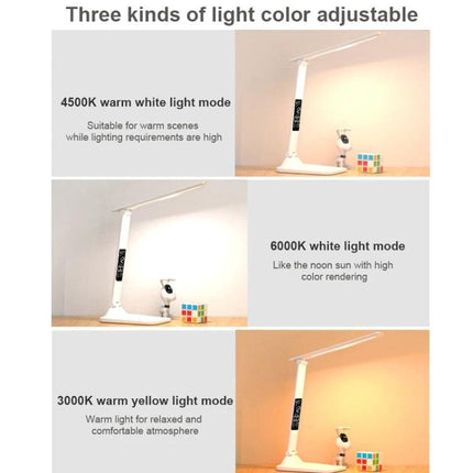 Foldable Desk Lamp for Daily Home Work and Study Sessions showing 3000K, 4500K and 6000K adjustable light color modes on a desk
